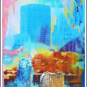 Iridescent Blue City print with border, archival ink on Hahnemuhle paper, SKU32207LE2f