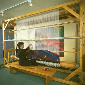 Paulette-Marie-Sauve_weaving-on-high-warp-loom